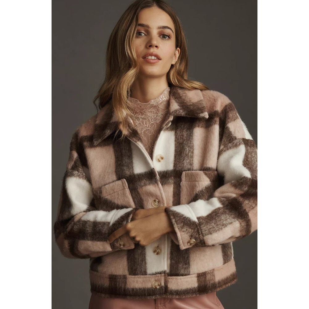 Greylin Womens M Pink Plaid Fuzzy Cropped Oversized Shacket Jacket
